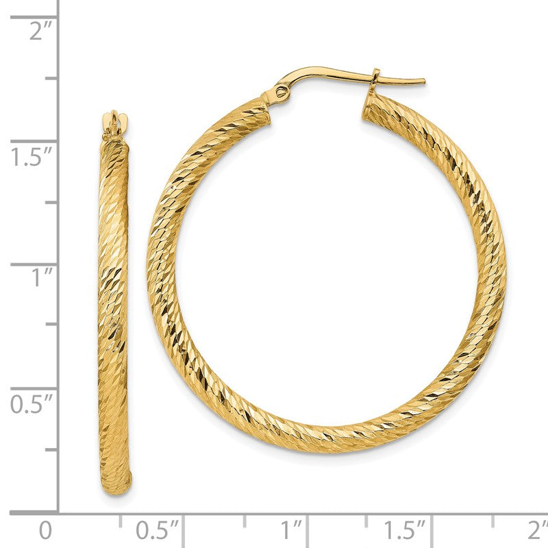 14k 3x37mm Polished Diamond-cut Round Tube Hoop Earrings TF1343