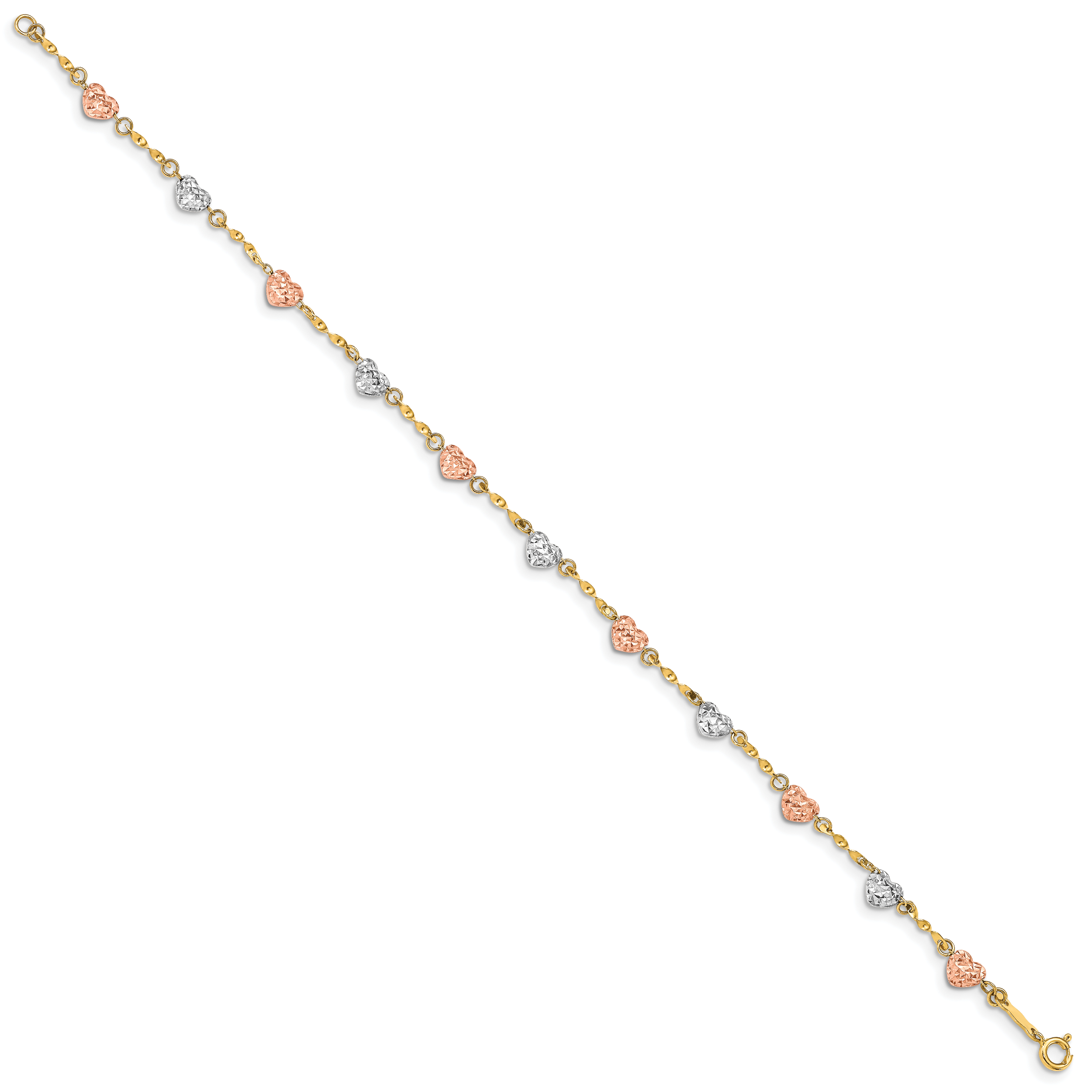 14k Tri-color Diamond-cut Puffed Heart 7 inch Bracelet SF1832