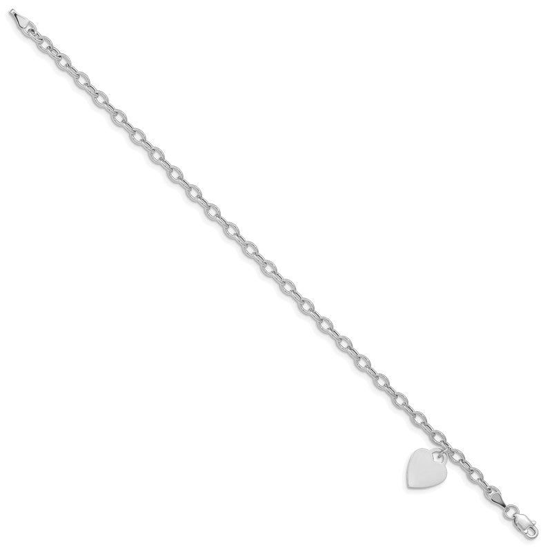 14k White Gold Engravable 14x10mm Solid Dangle Heart Charm and Hollow Chain 7.5 inch Bracelet SF1823