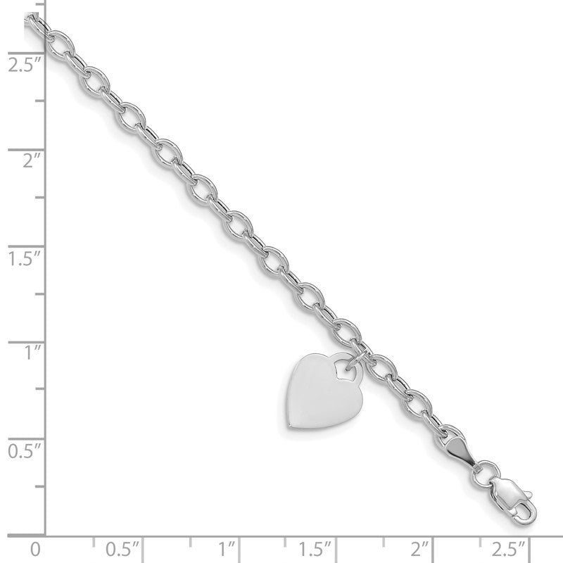 14k White Gold Engravable 14x10mm Solid Dangle Heart Charm and Hollow Chain 7.5 inch Bracelet SF1823