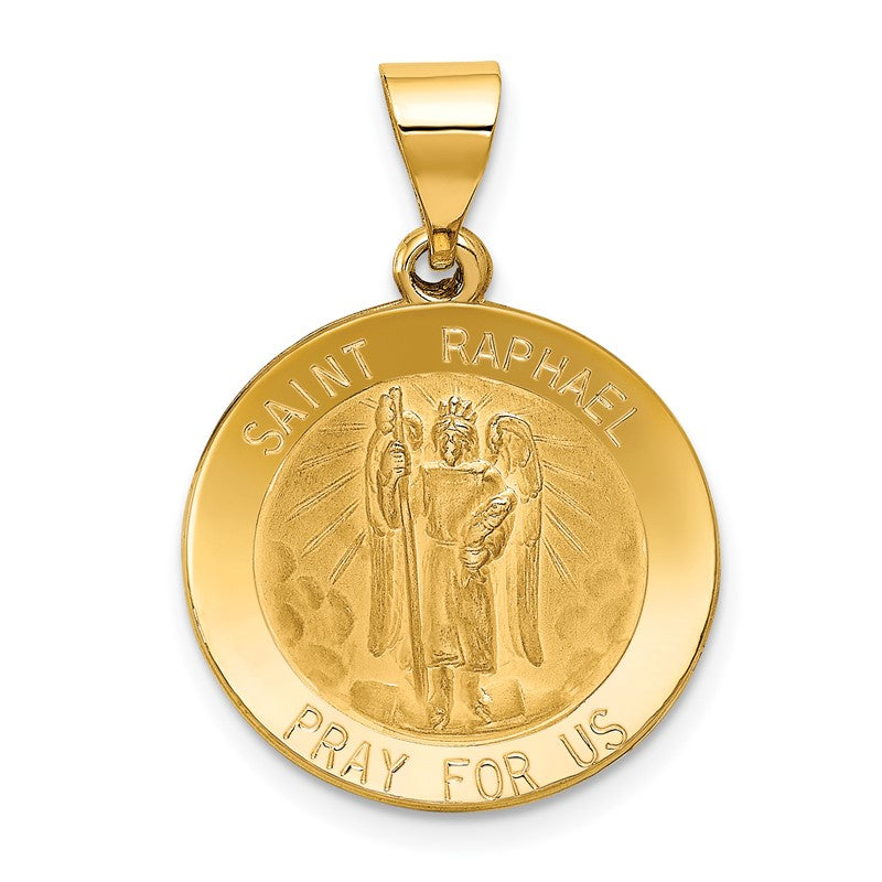 14k Polished and Satin Hollow St Raphael Medal Round Pendant XR1383