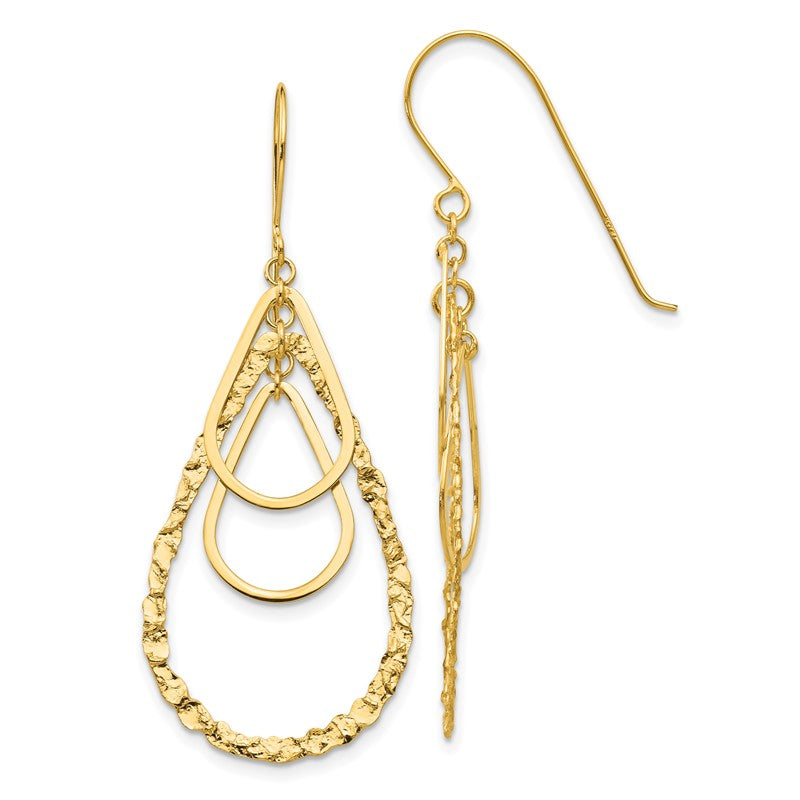 14K Polished and Textured Teardrops Dangle French Hook Earrings TH565