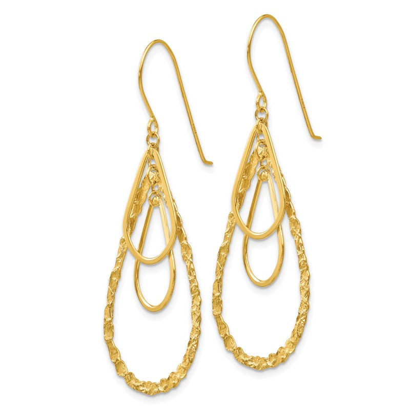 14K Polished and Textured Teardrops Dangle French Hook Earrings TH565