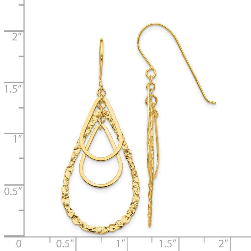 14K Polished and Textured Teardrops Dangle French Hook Earrings TH565