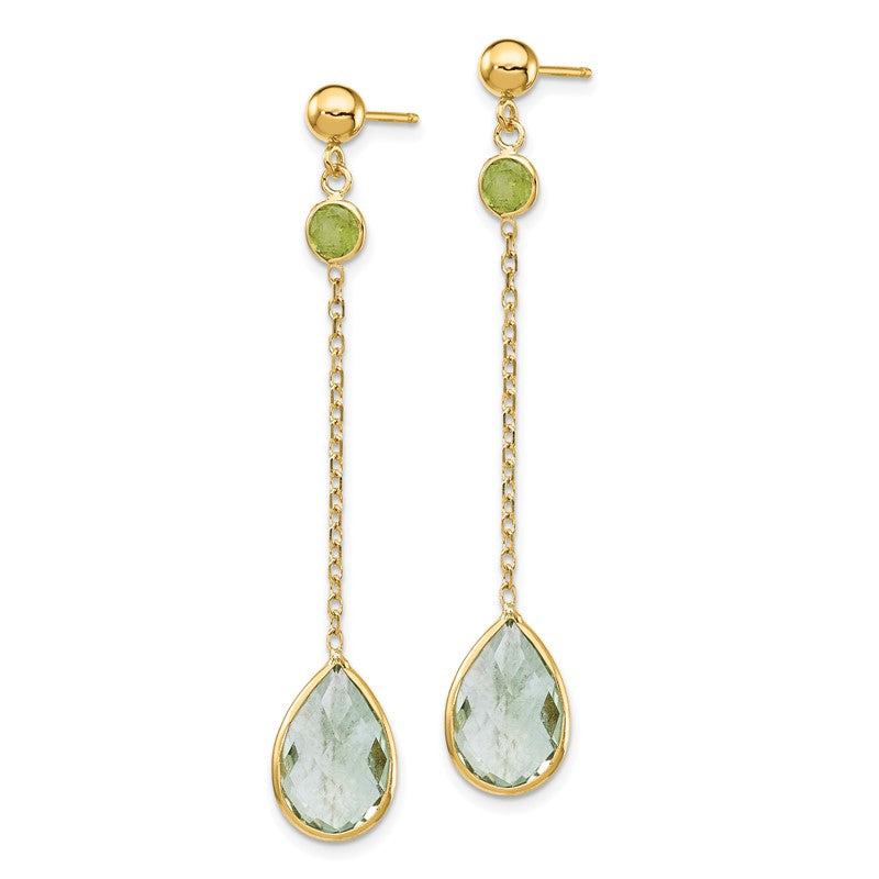 14K Round Peridot/Pear Green Quartz Chain Dangle Post Earrings YE1393