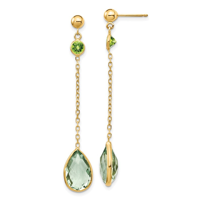 14K Round Peridot/Pear Green Quartz Chain Dangle Post Earrings YE1393