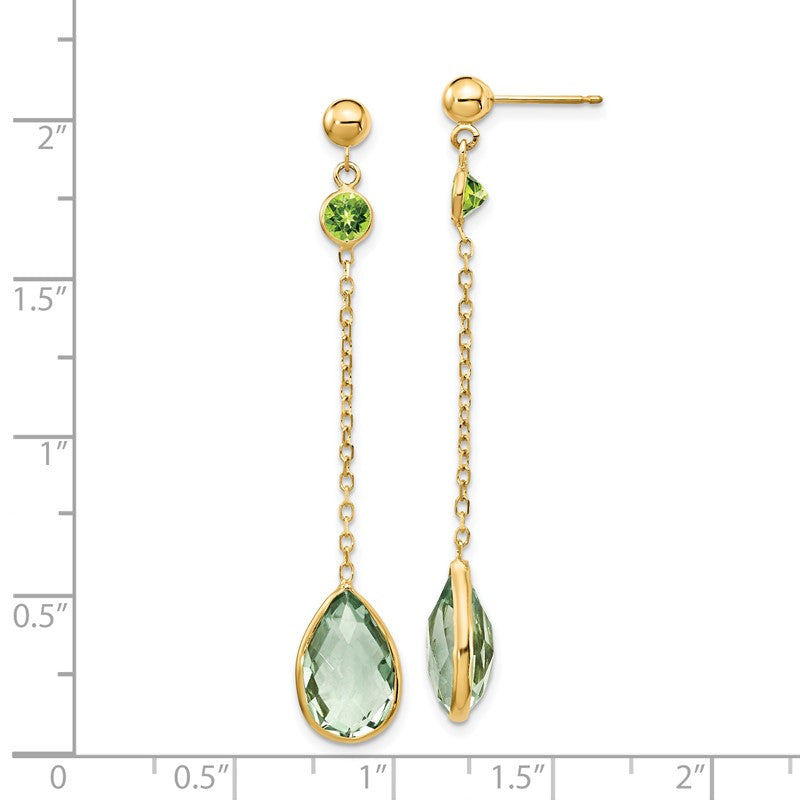 14K Round Peridot/Pear Green Quartz Chain Dangle Post Earrings YE1393