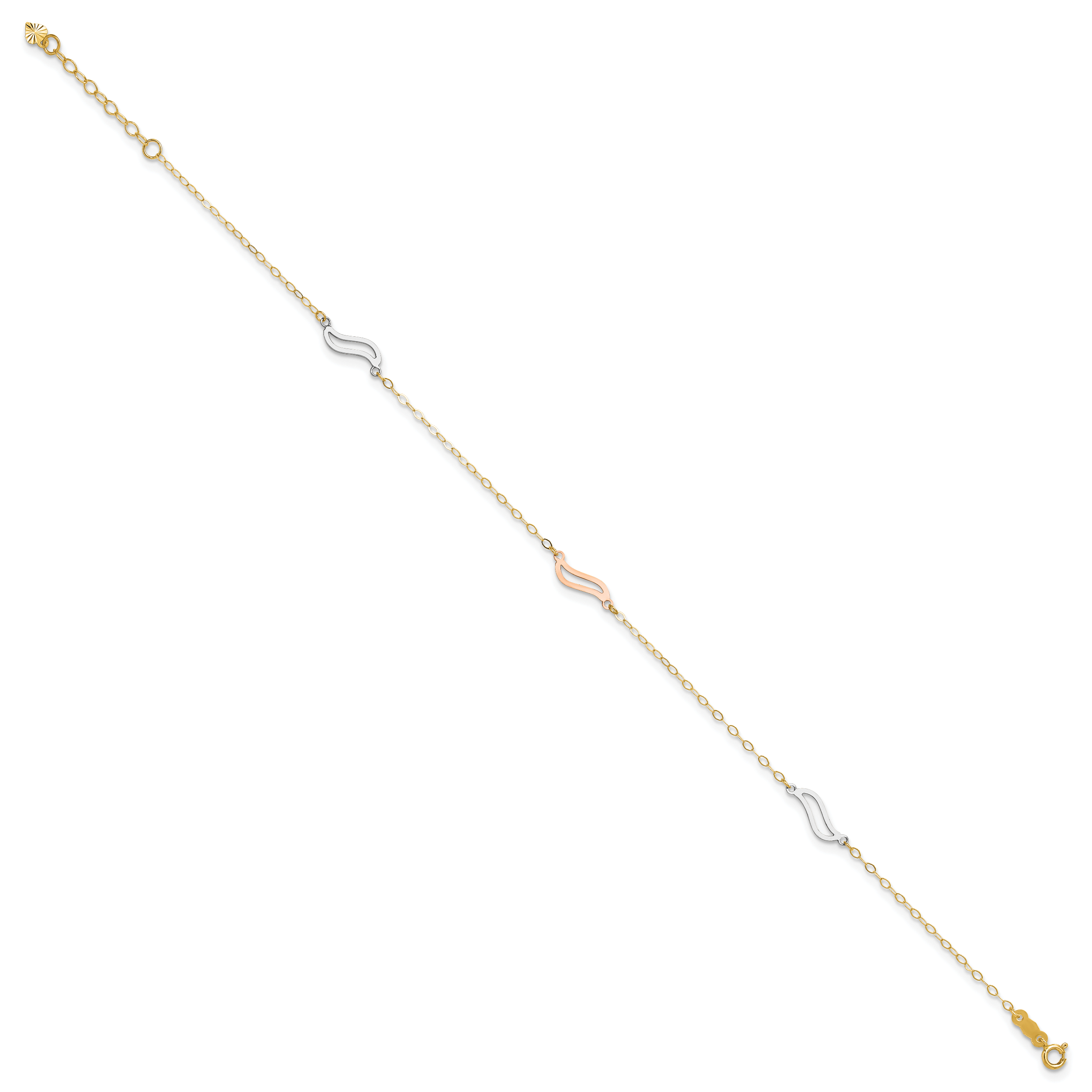 14K Tri-color Open Wavy Links 3-Station 9 inch Plus 1 inch Extender - Total 10 inch Anklet ANK268
