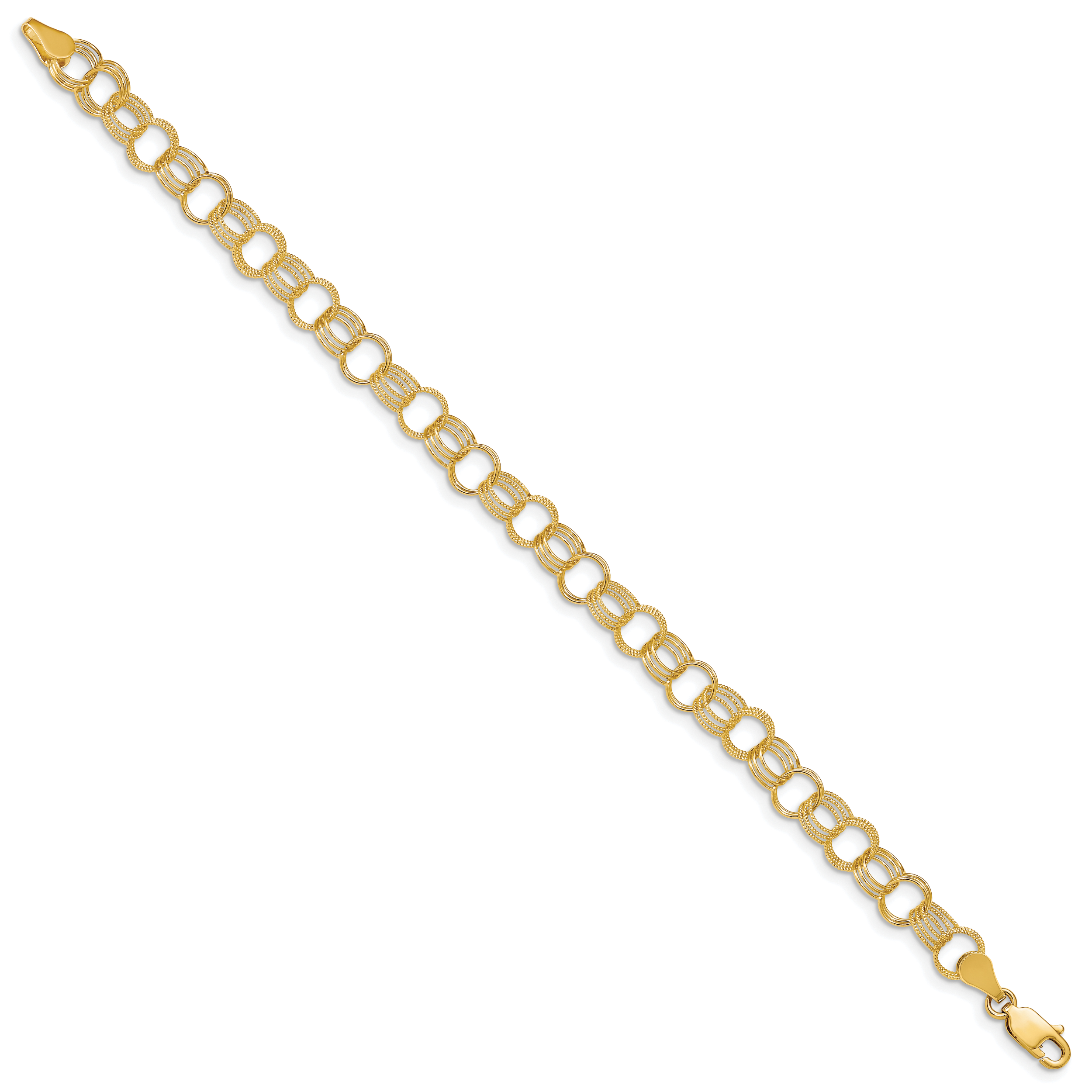 14k 7.5mm Solid Polished and Textured Triple Link 7 inch Charm Bracelet DO532