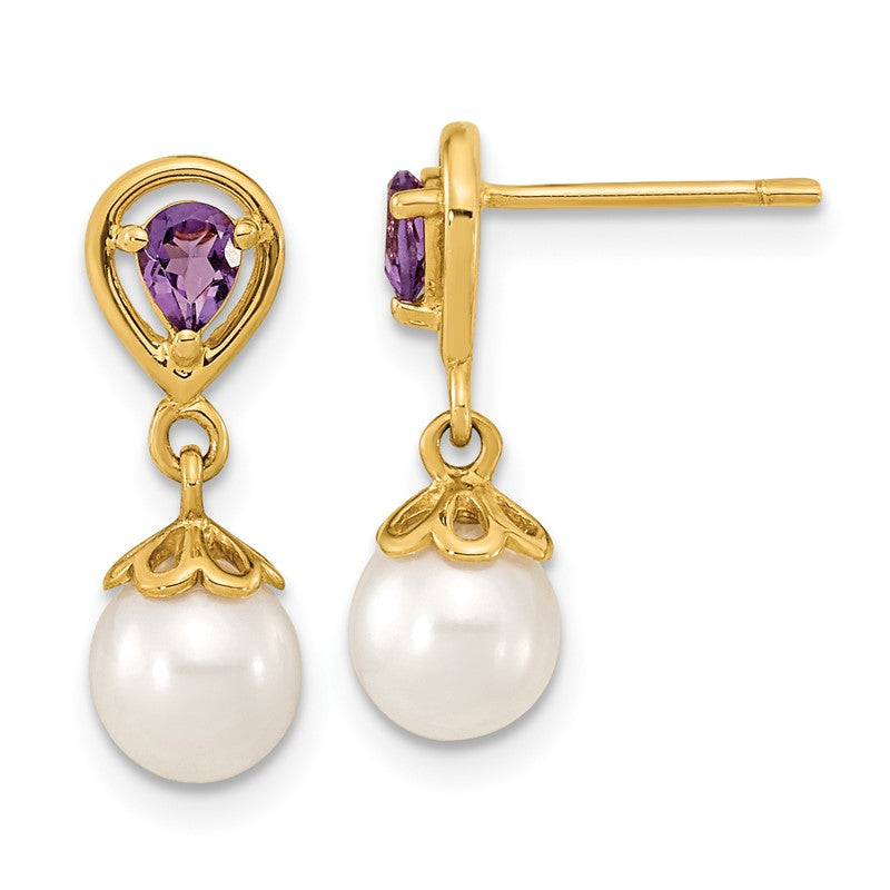 14K 6-7mm White Round Freshwater Cultured Pearl and 3.08AM Pear Amethyst Post Dangle Earrings XF643AM