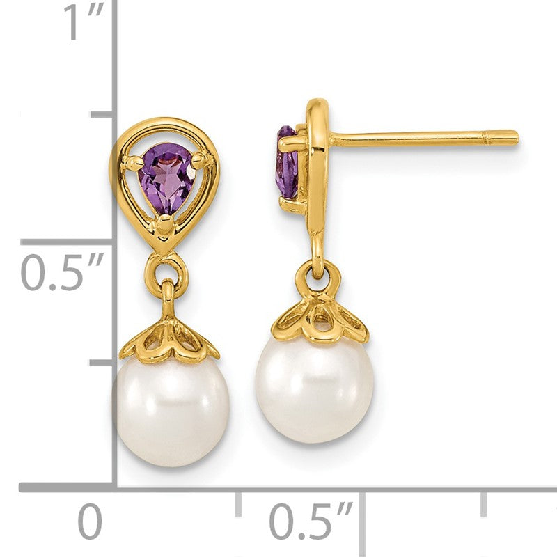 14K 6-7mm White Round Freshwater Cultured Pearl and 3.08AM Pear Amethyst Post Dangle Earrings XF643AM