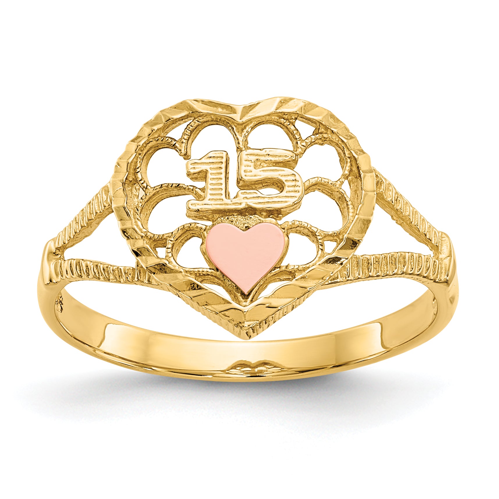 14K Two-tone Diamond-cut Quinceanera 15 in Heart Ring K3886