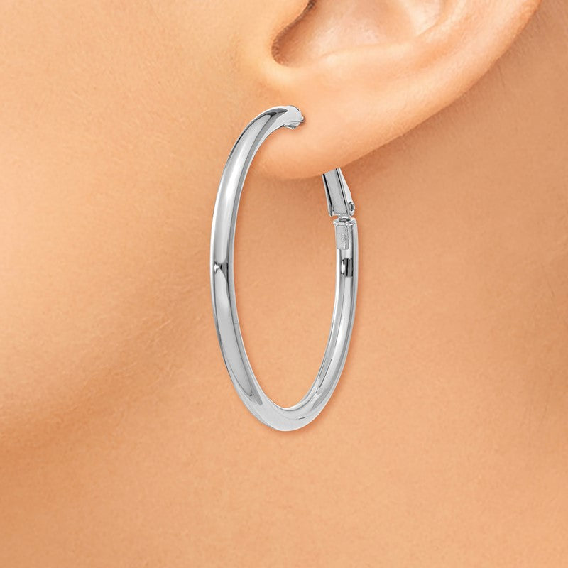 14k White Gold 3x41mm Polished Round Omega Back Tube Hoop Earrings PRE224W
