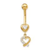 14k 14 Gauge CZ 2-Hearts Dangle Belly Ring BD134