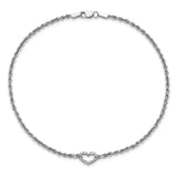 14k White Gold Diamond-cut Open Heart and Rope Chain 10 inch Anklet ANK153