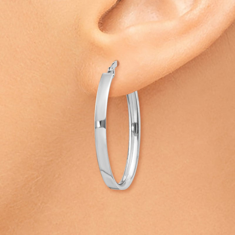14K White Gold 3x30mm Oval Tube Hoop Earrings PRE575