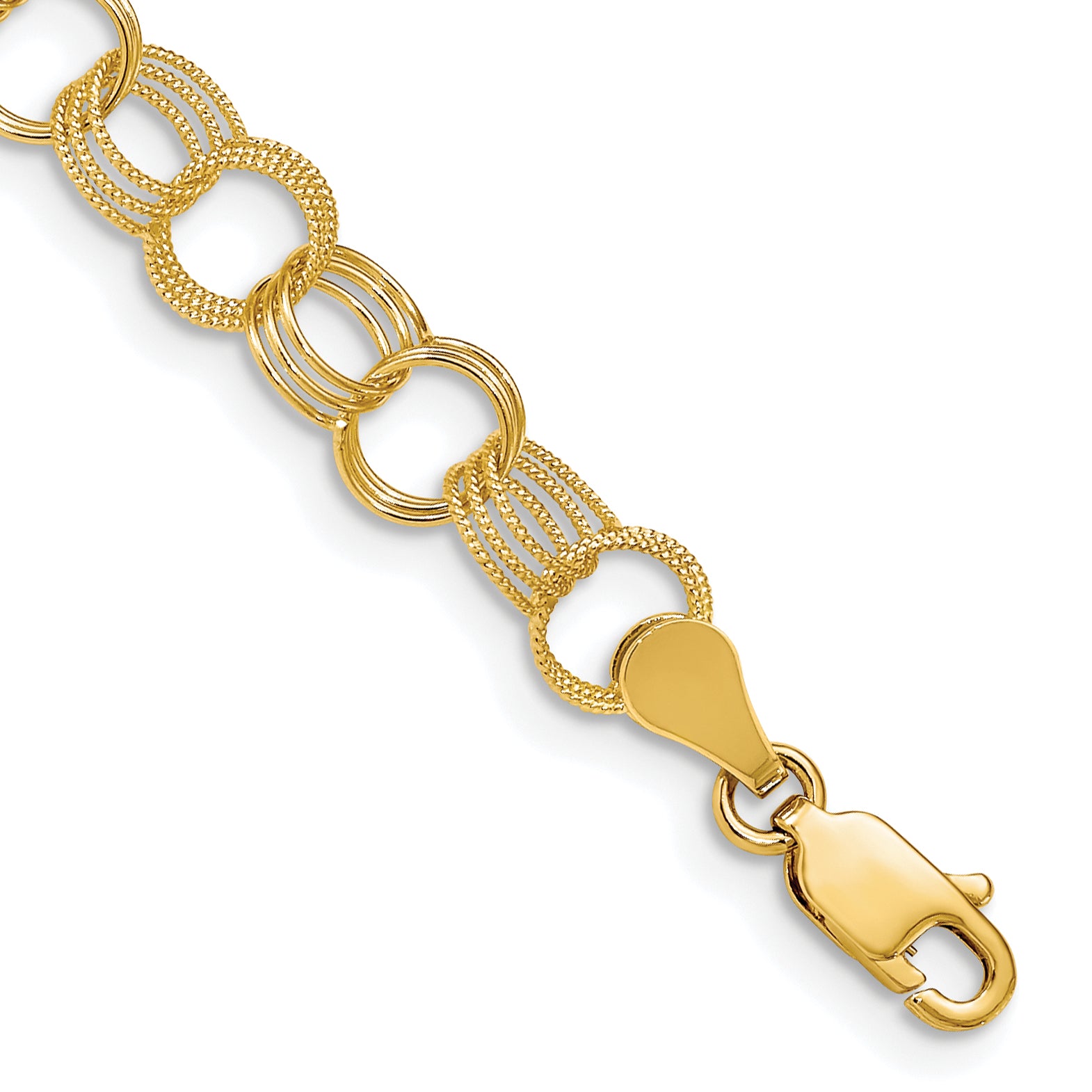 14k 7.5mm Solid Polished and Textured Triple Link 7 inch Charm Bracelet DO532