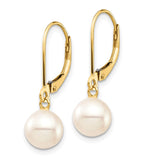 14k 7-8mm White Round Freshwater Cultured Pearl Dangle Leverback Earrings XF725E