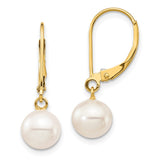 14k 7-8mm White Round Freshwater Cultured Pearl Dangle Leverback Earrings XF725E