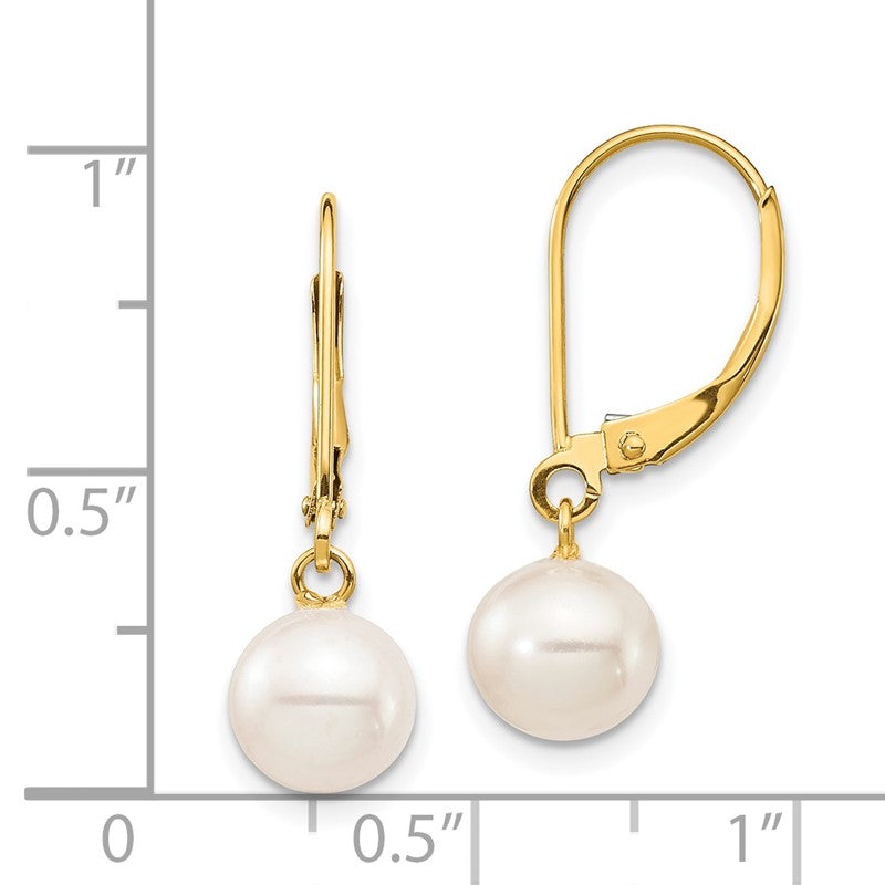 14k 7-8mm White Round Freshwater Cultured Pearl Dangle Leverback Earrings XF725E