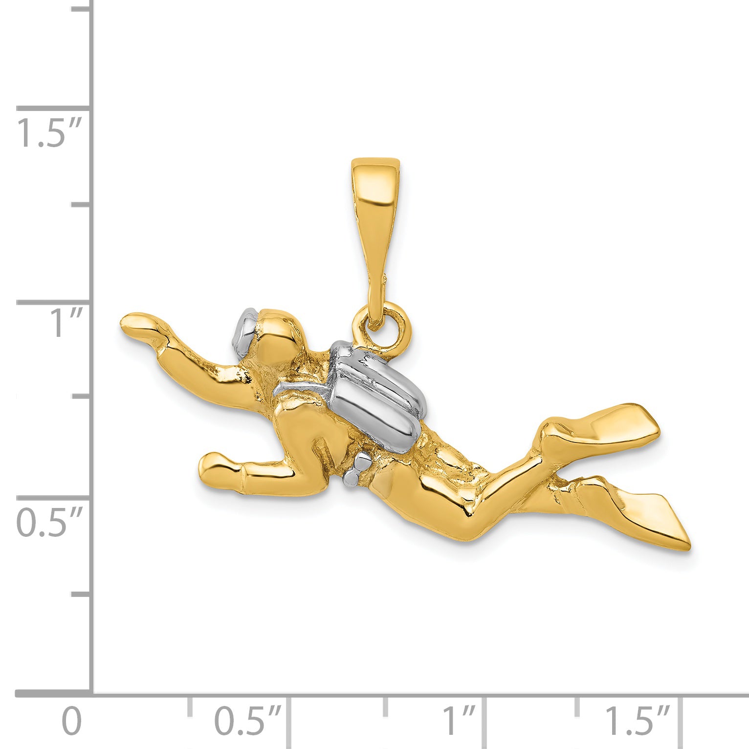 14K and White Rhodium Polished Open-Backed Scuba Diver Pendant K1052