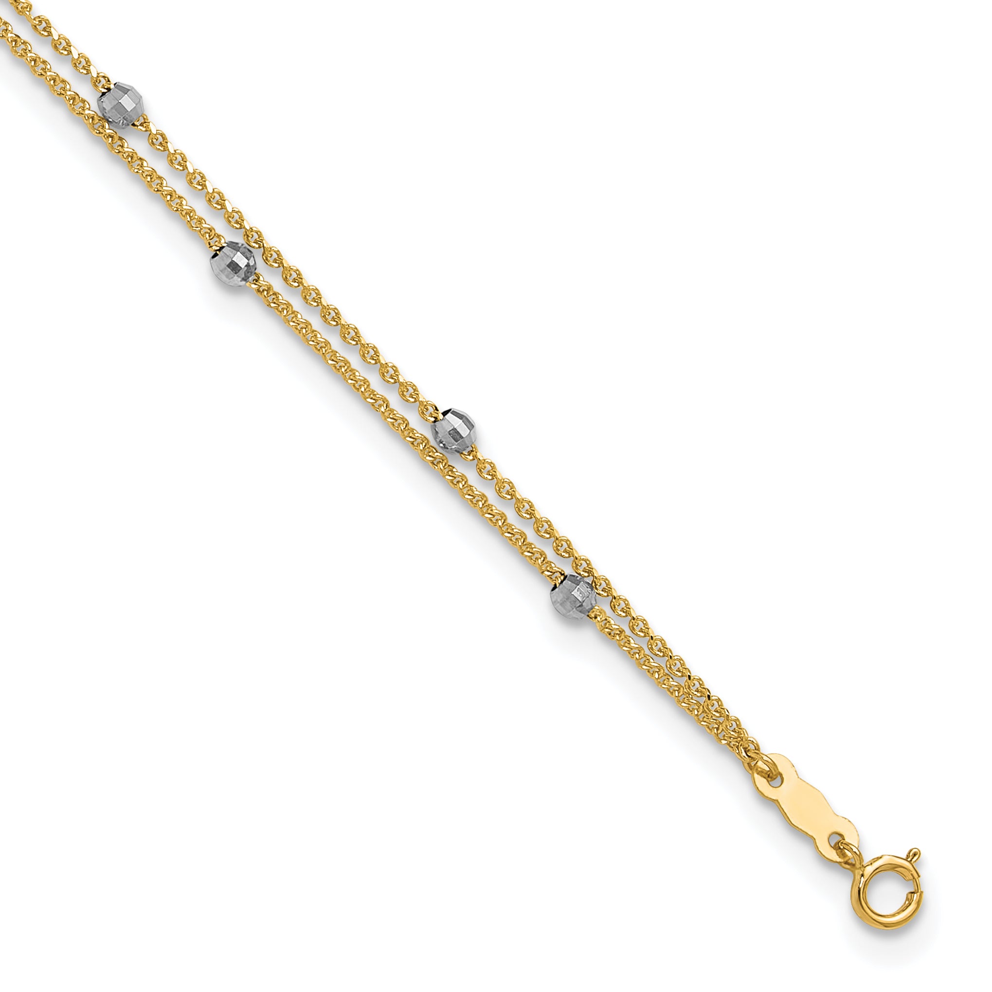 14K Two-tone 2-Strand Chain with Mirror Beads 9 inch Plus 1 inch Extender - Total 10 inch Anklet ANK241