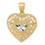 14K and White Rhodium Polished Diamond-cut Filigree Heart Pendant K2527