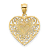 14K and White Rhodium Polished Diamond-cut Filigree Heart Pendant K2527