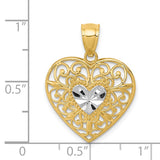 14K and White Rhodium Polished Diamond-cut Filigree Heart Pendant K2527