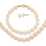 14k 3-5mm Semi-Round Pink Freshwater Cultured Pearl 12 inch Necklace / 5 inch Bracelet / Post Earrings 3-piece Set XF400SET