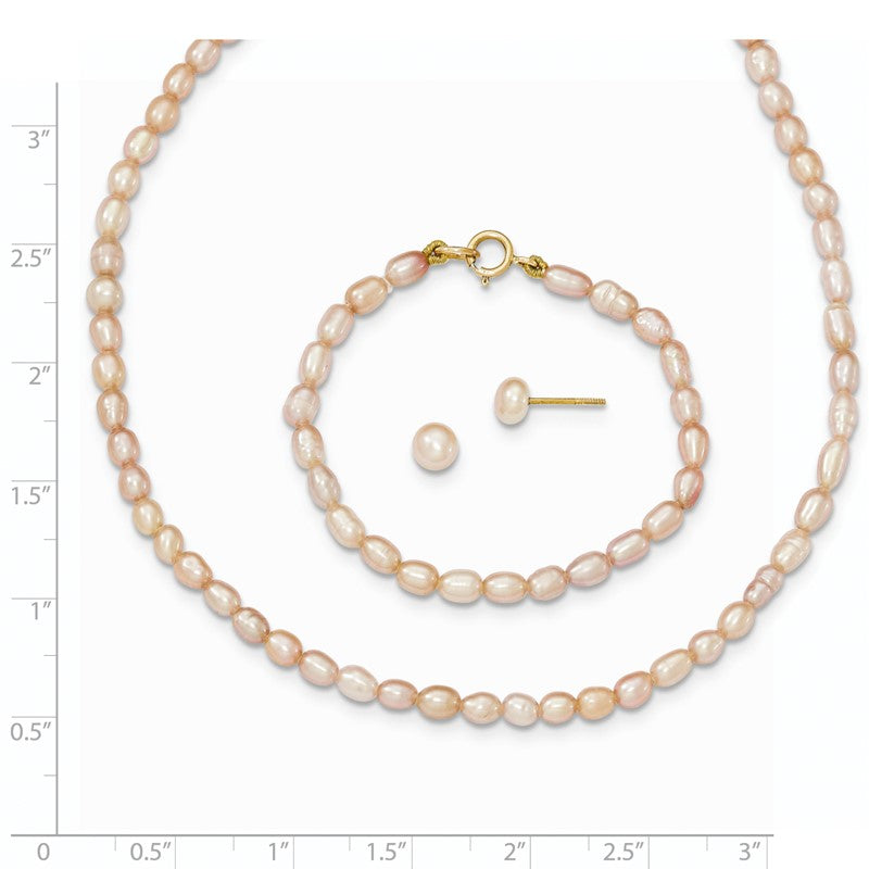 14k 3-5mm Semi-Round Pink Freshwater Cultured Pearl 12 inch Necklace / 5 inch Bracelet / Post Earrings 3-piece Set XF400SET