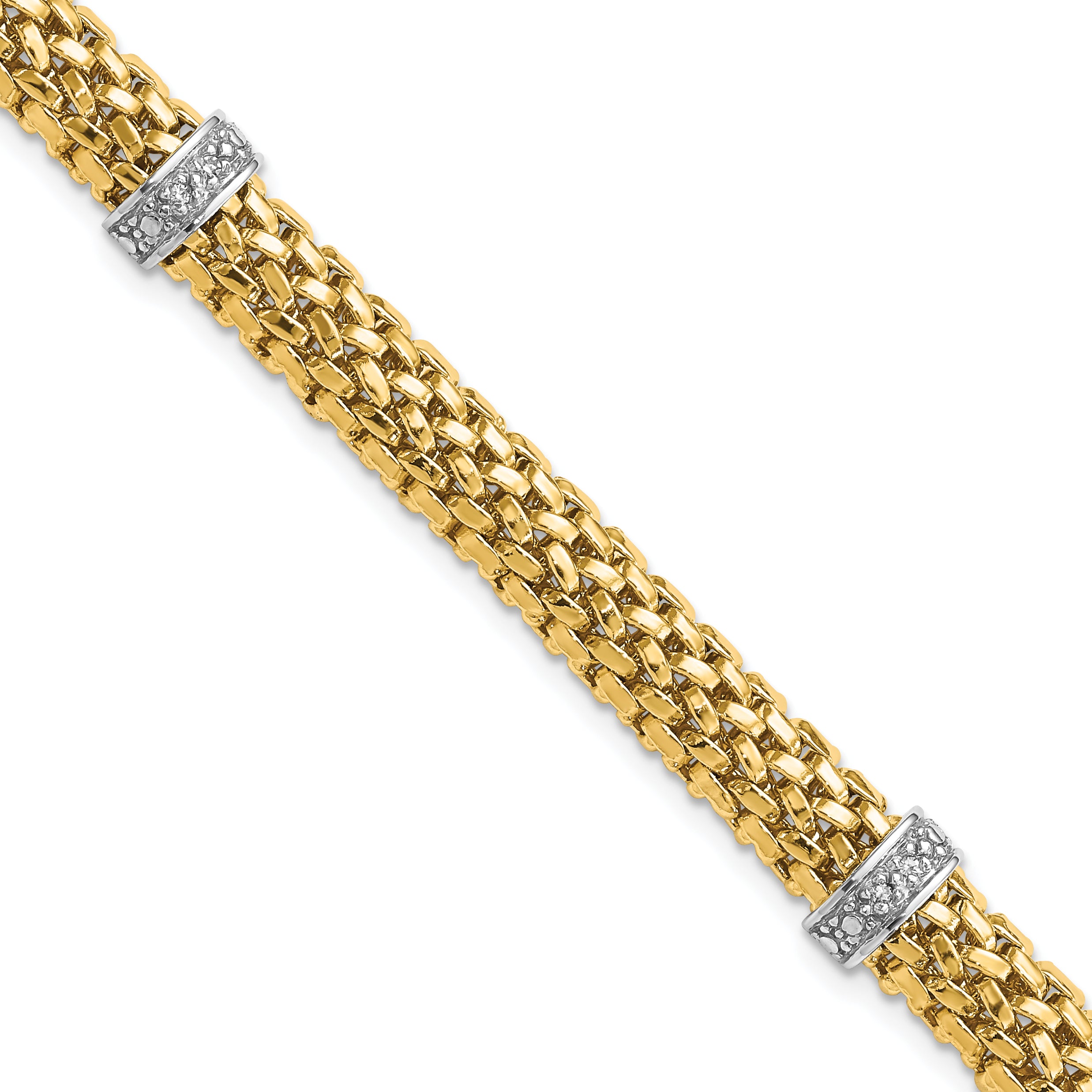 14k Two-Tone Polished Complete .05ct Diamond and Mesh 7.25 inch Bracelet SF607