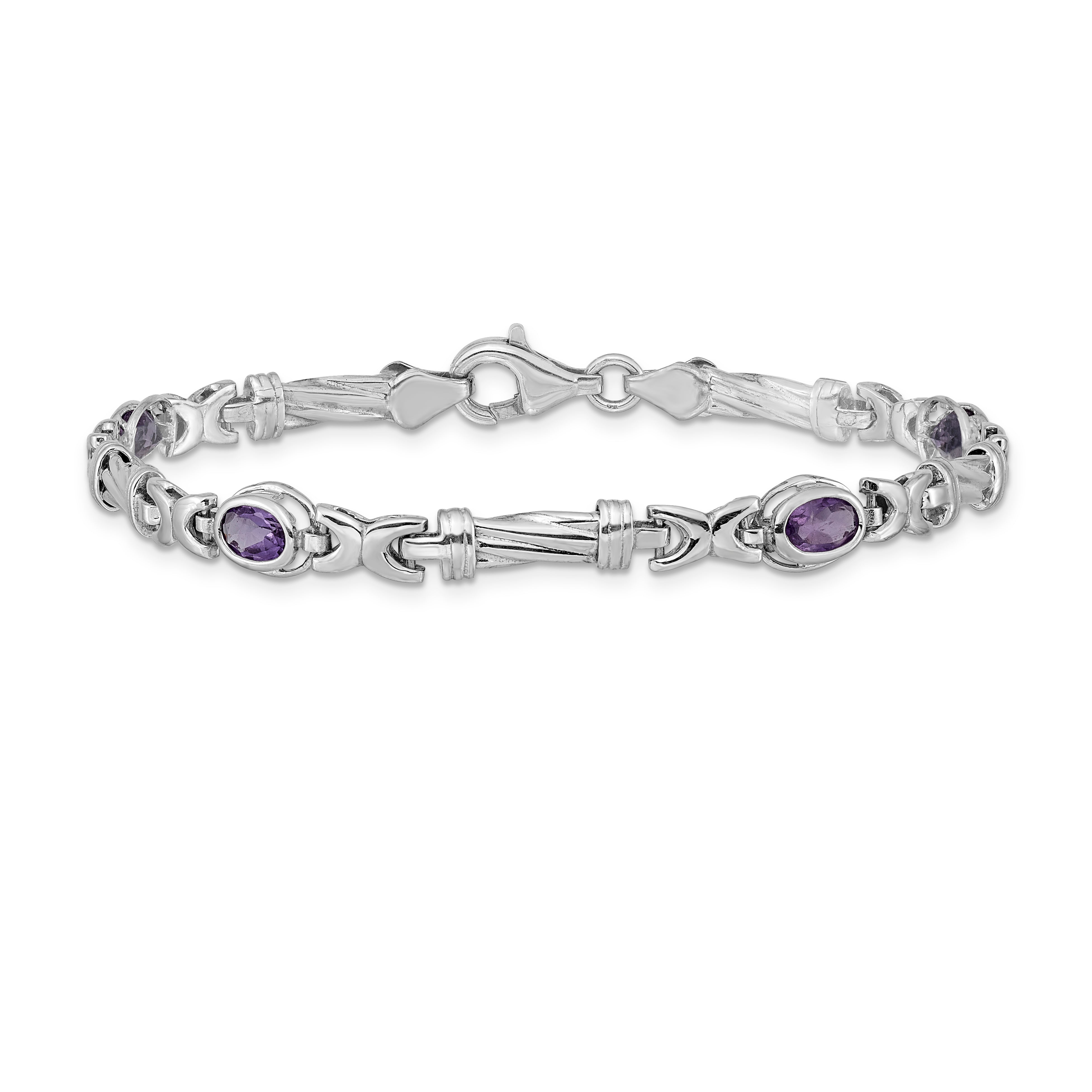 14k White Gold Complete Oval Amethyst Fancy Link 7 inch Bracelet BM4497