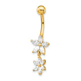 14k 14 Gauge CZ 2-Flower Dangle Belly Ring BD143
