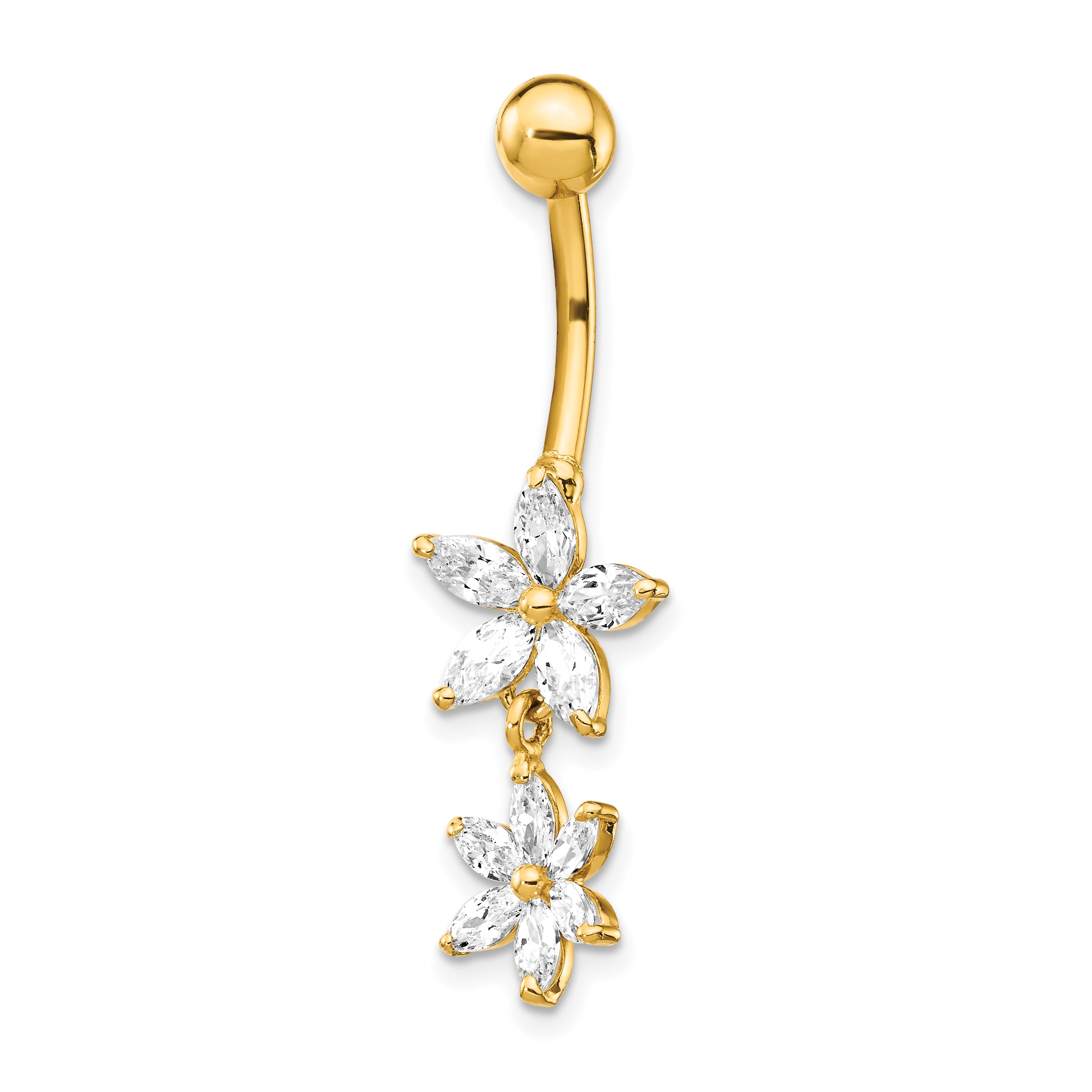 14k 14 Gauge CZ 2-Flower Dangle Belly Ring BD143