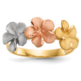 14k Two-tone with White Rhodium Satin Diamond-cut 3-Plumeria Flowers Ring R633