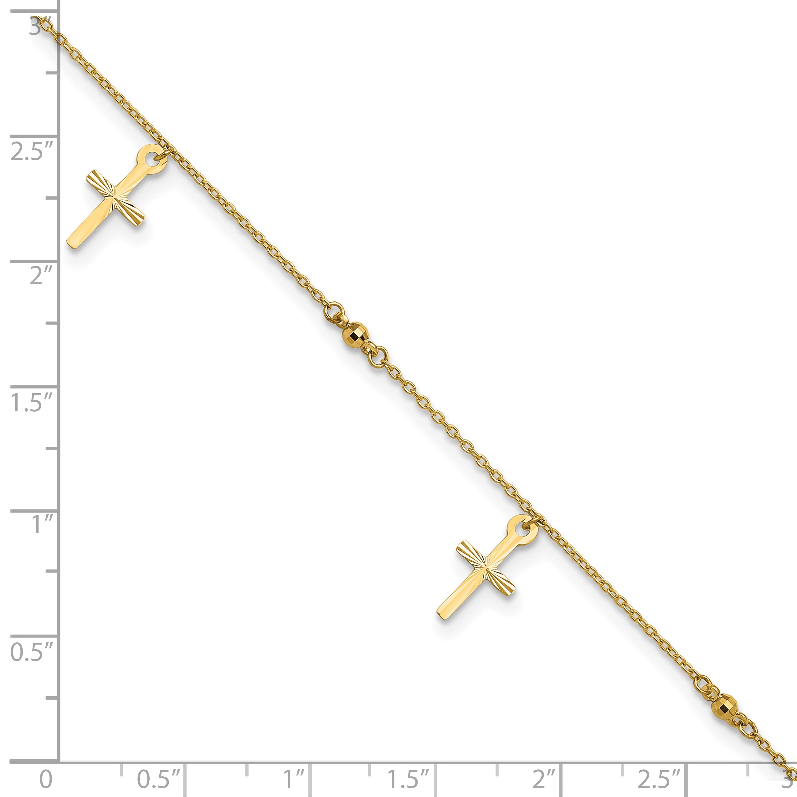 14k Diamond-cut 3 Cross Dangles and Beads 9 inch Plus 1 inch Extender - Total 10 inch Anklet ANK267