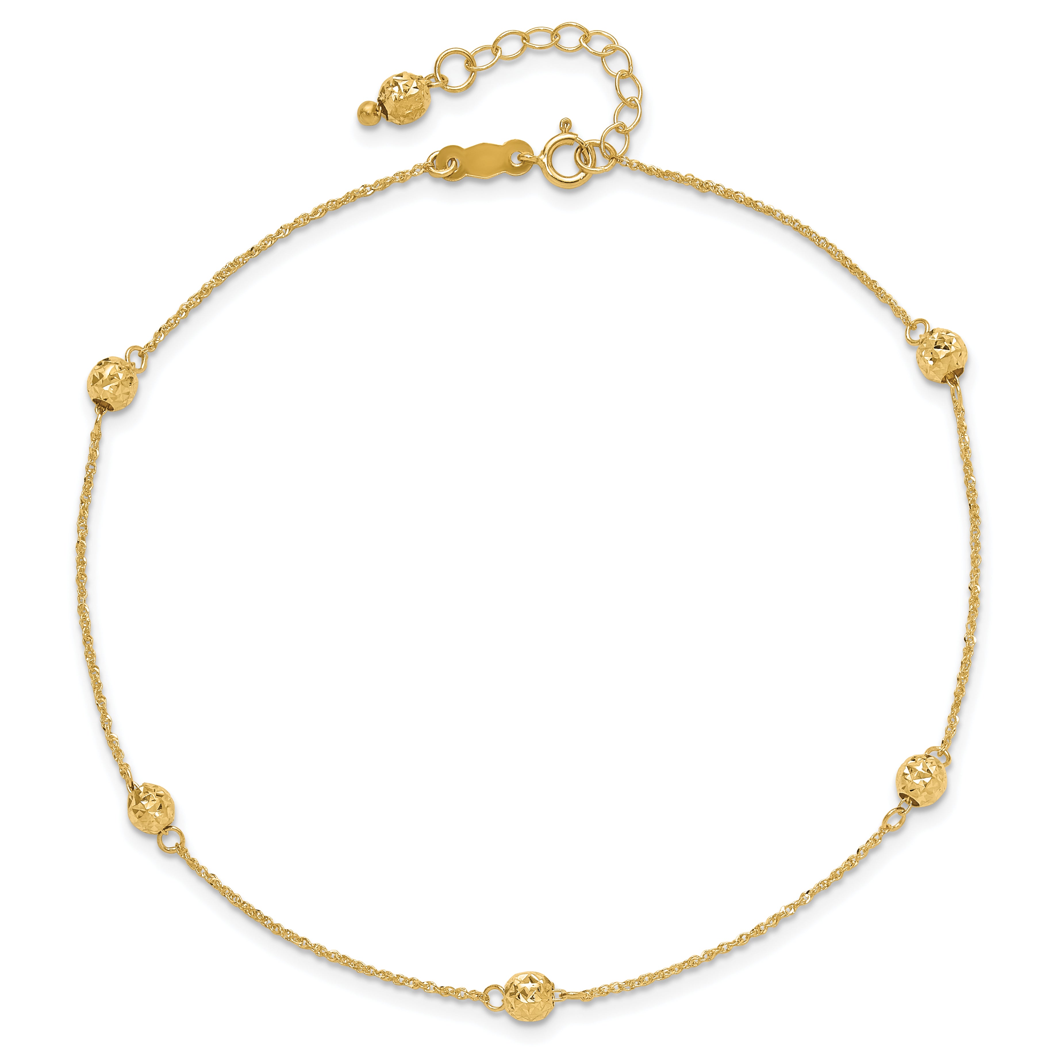 14k Diamond-cut Beads 5-Station 9 inch Plus 1 inch Bead Dangle Extender - Total 10 inch Anklet ANK227