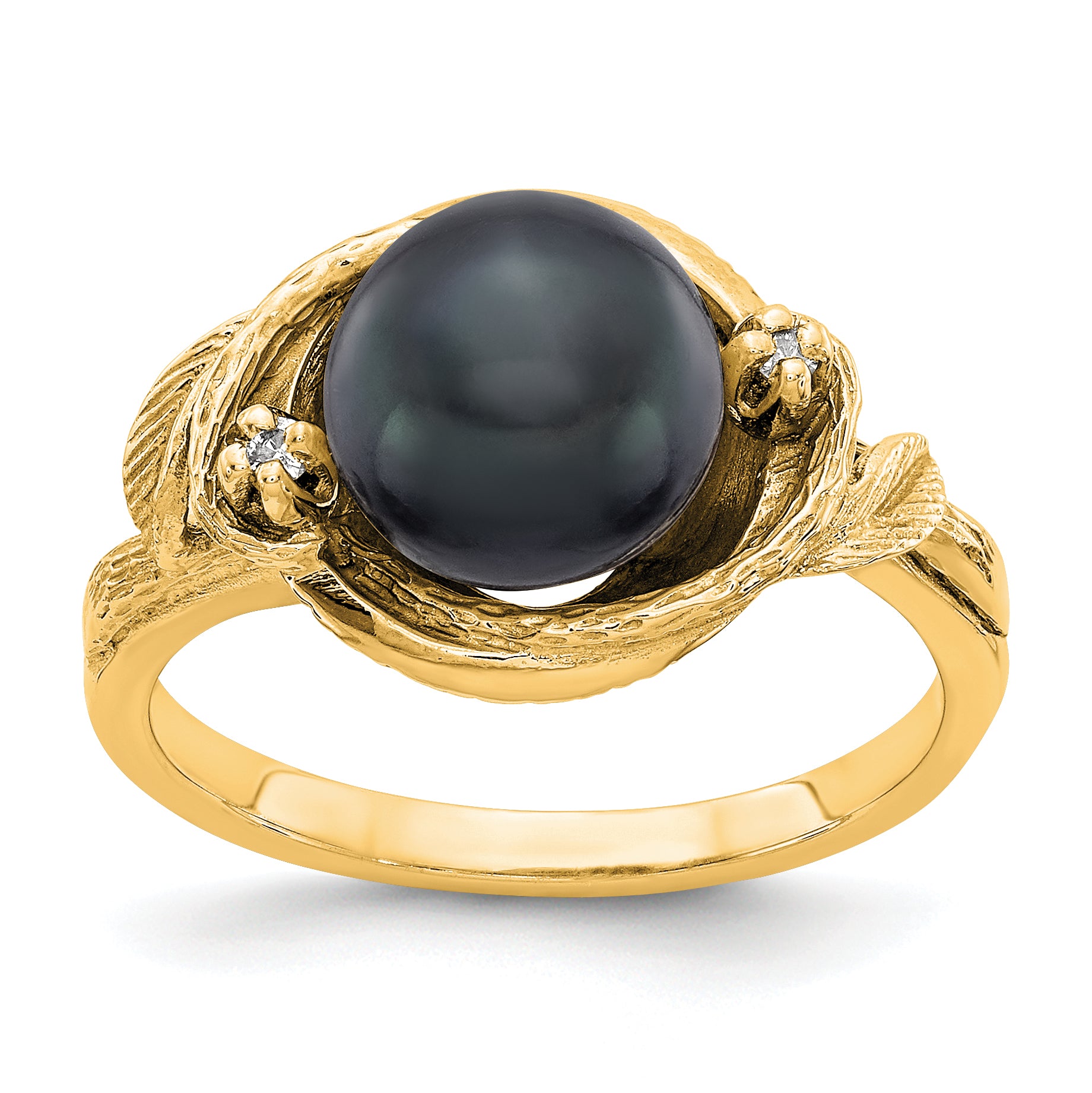 14k 7.5mm Black Freshwater Cultured Pearl and A Diamond Swirl Ring Y4382BP/A