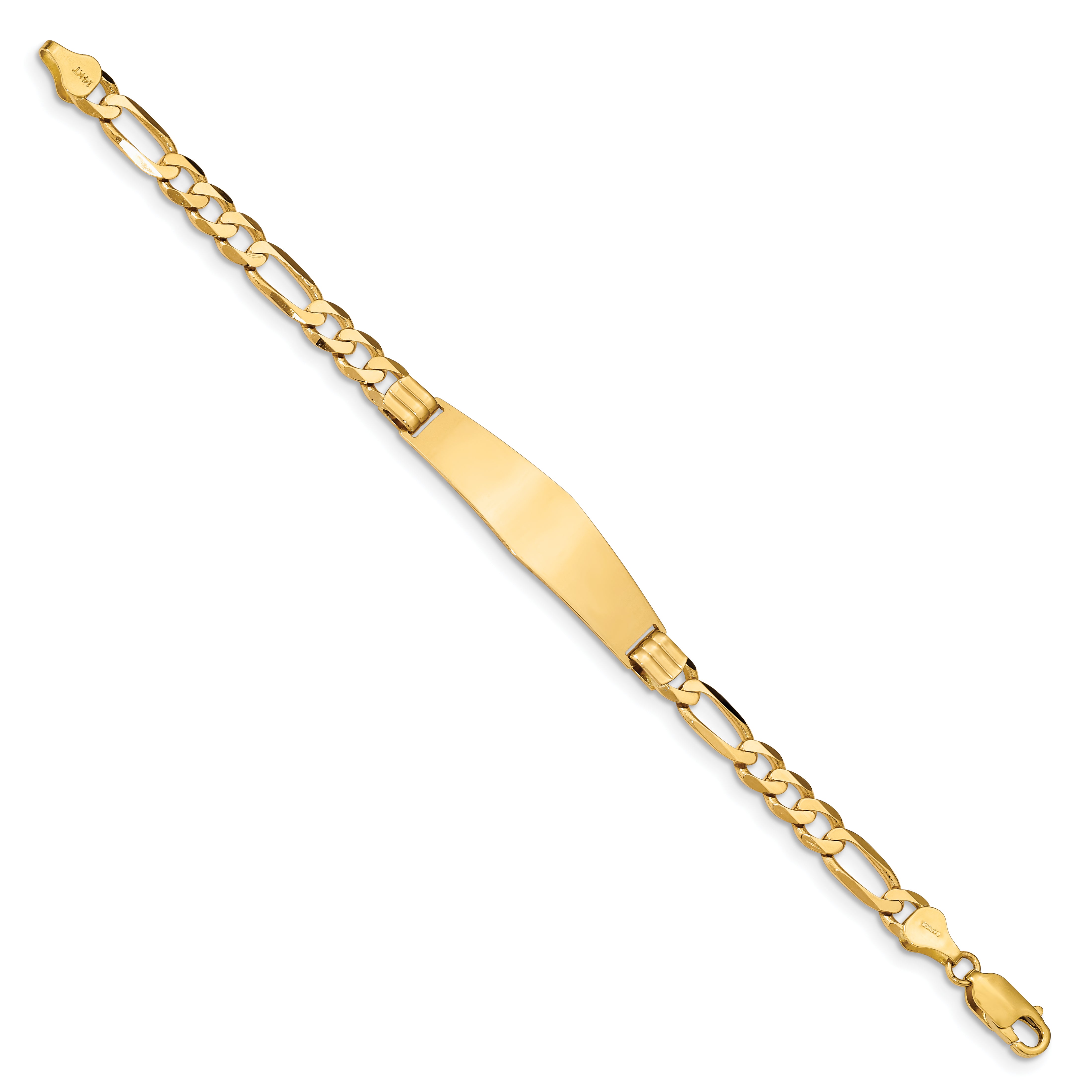 14k Polished Solid Chain/Solid Plate Figaro Link Soft Diamond Shape 37x10mm Plate 7 inch ID Bracelet FIG160IDC