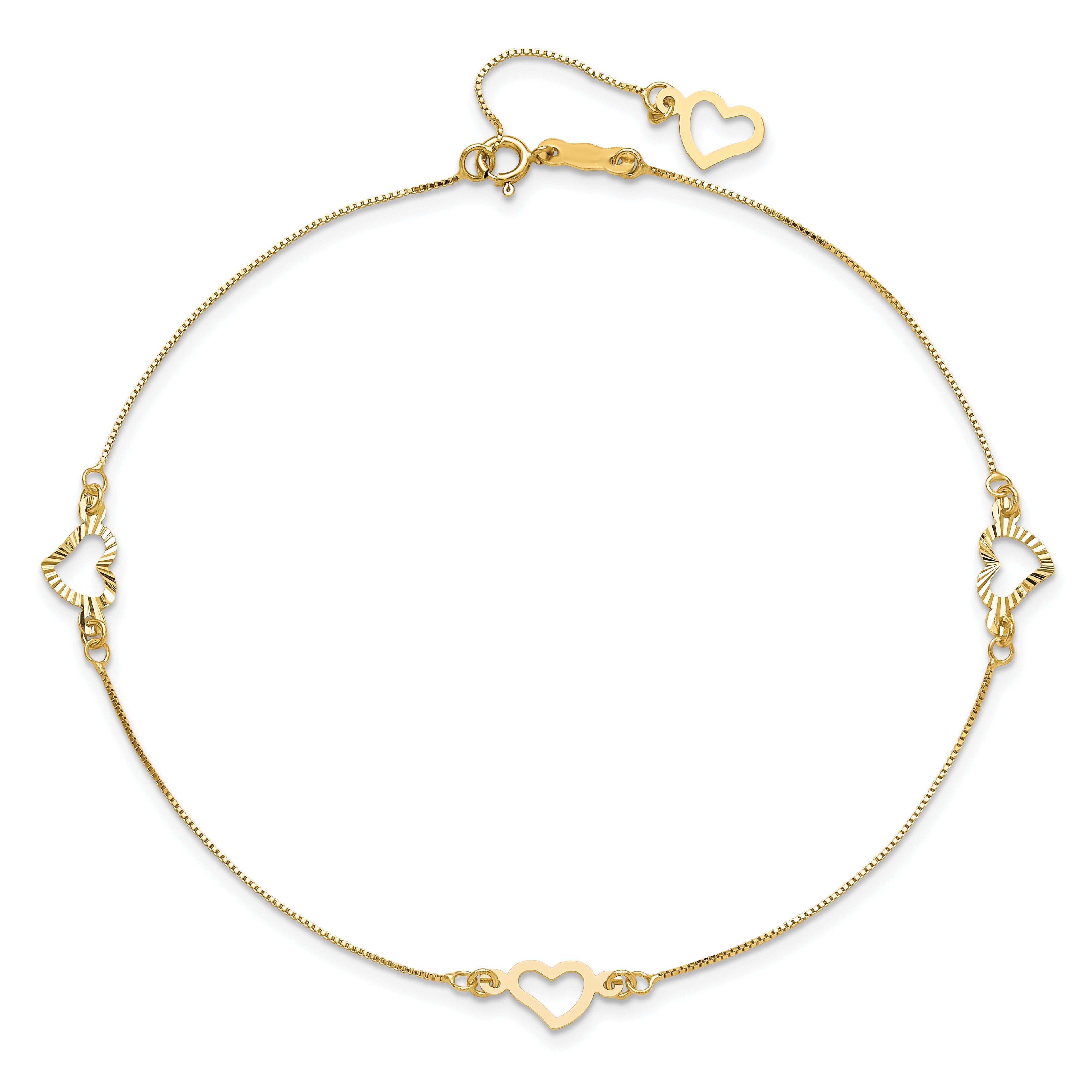 14K Fancy Open Hearts 3-Station 9 inch Plus 1 inch Extender - Total 10 inch Anklet ANK157