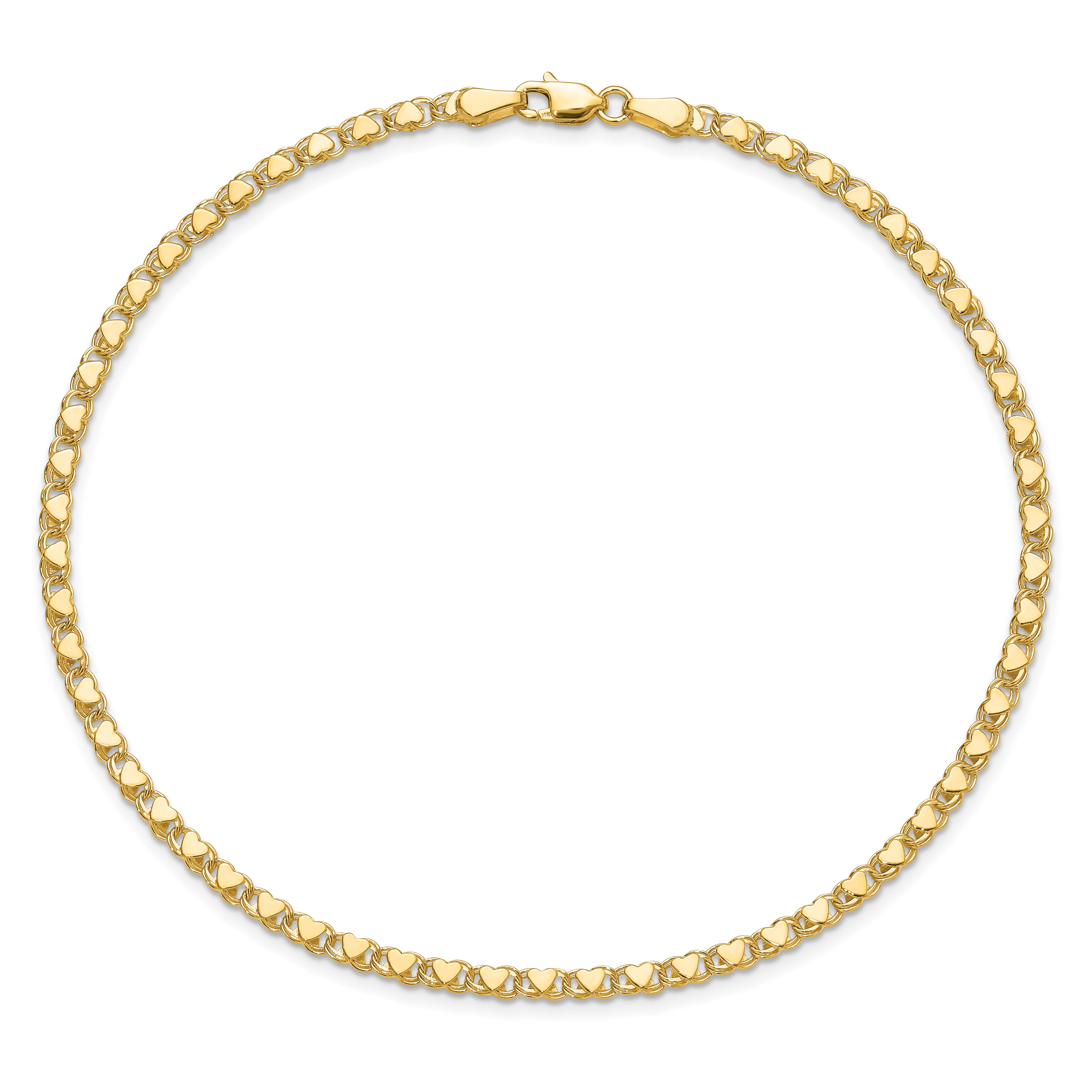 14k Polished Double-Sided Hearts Double Link 10 inch Anklet ANK70