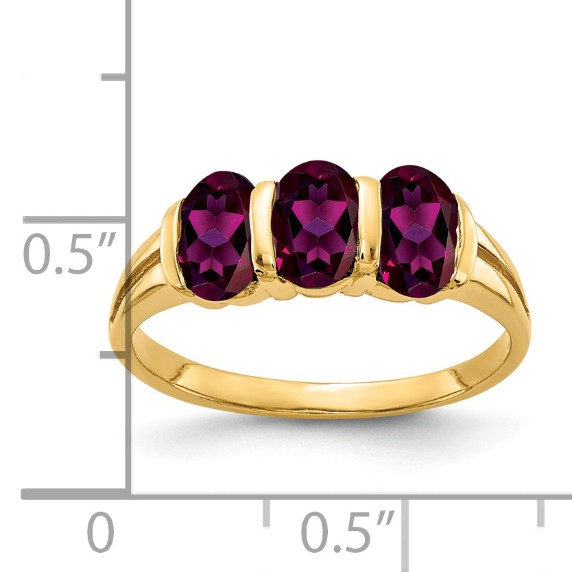 14k 6x4mm Oval Rhodolite Garnet 3-Stone Ring Y2034RG