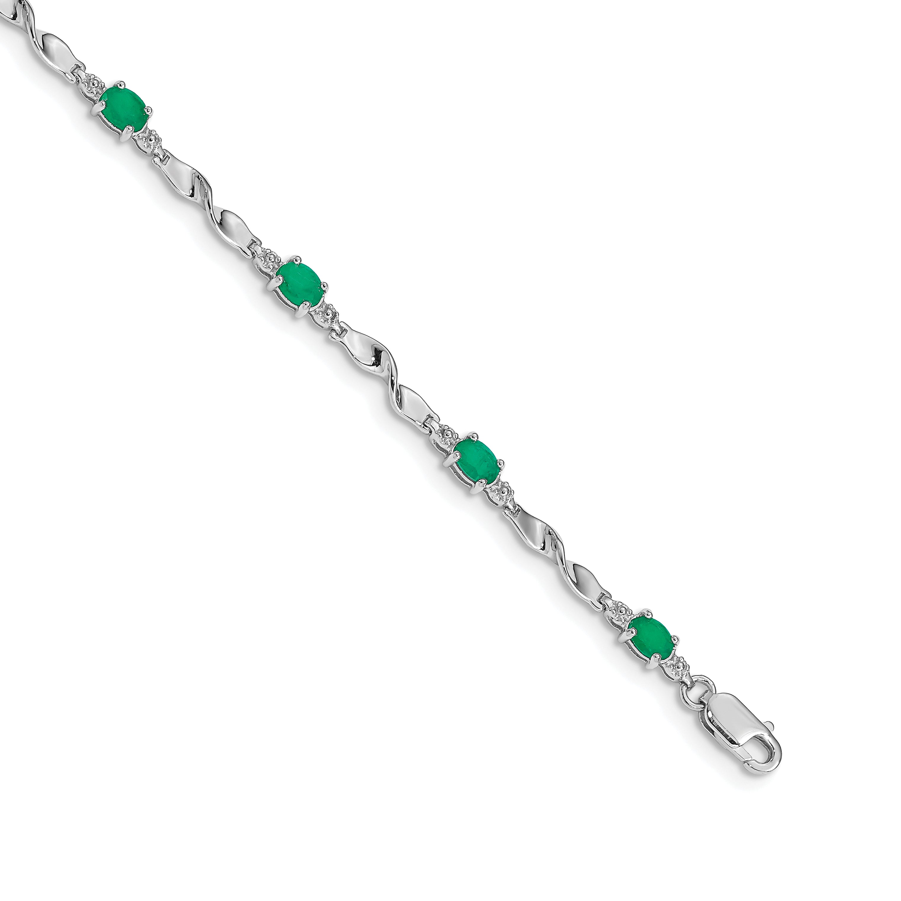 14k White Gold Complete Diamond and Oval Emerald Twisted Link 7 inch Bracelet BM4475