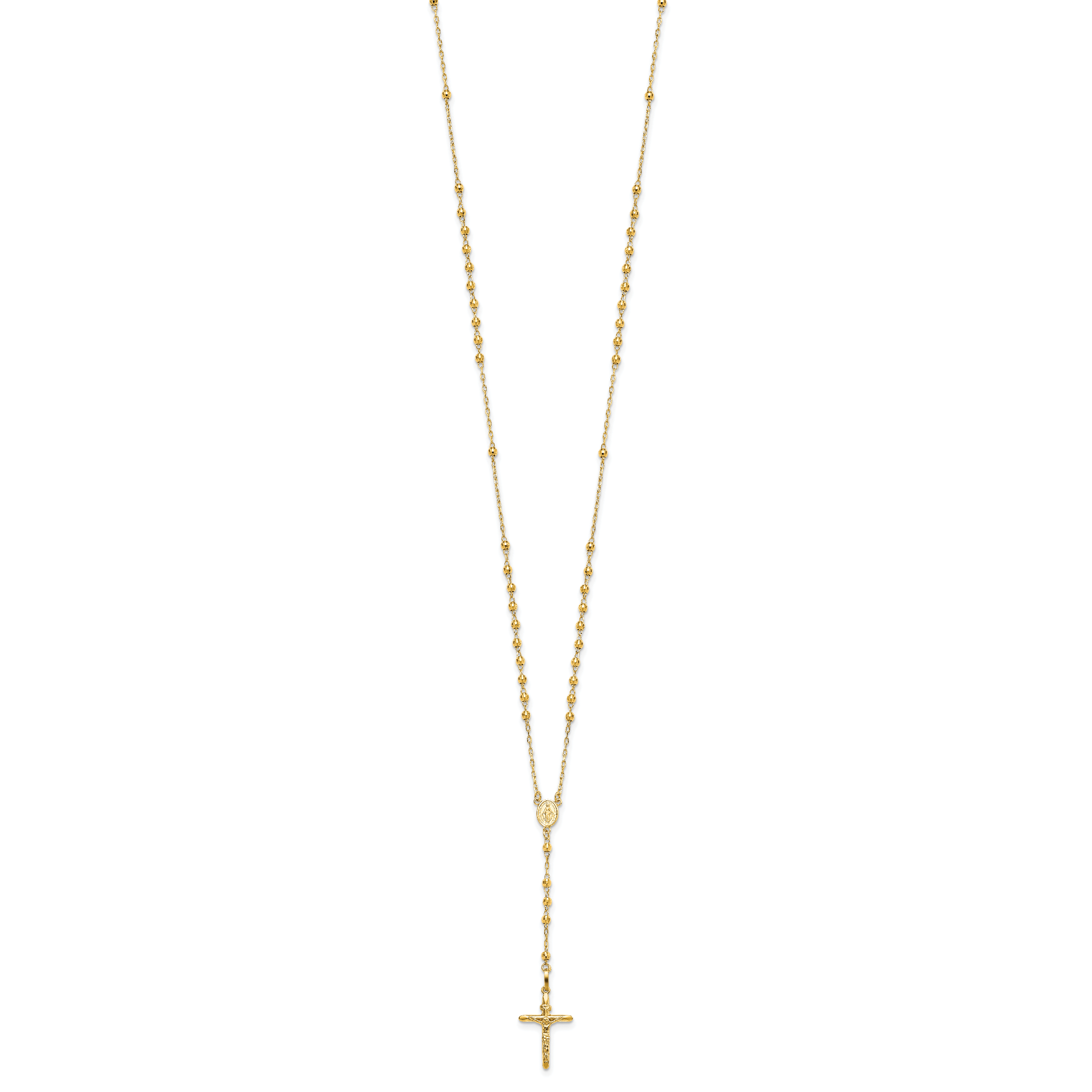 14k Polished Crucifix and Miraculous Medal with 3mm Mirror Beads Semi-solid 24 inch Rosary Necklace SF2065