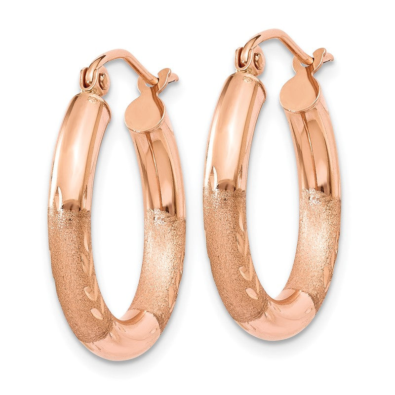 14k Rose Gold 3x18mm Satin Diamond-cut Round Tube Hoop Earrings T1016