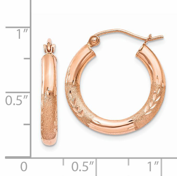 14k Rose Gold 3x18mm Satin Diamond-cut Round Tube Hoop Earrings T1016