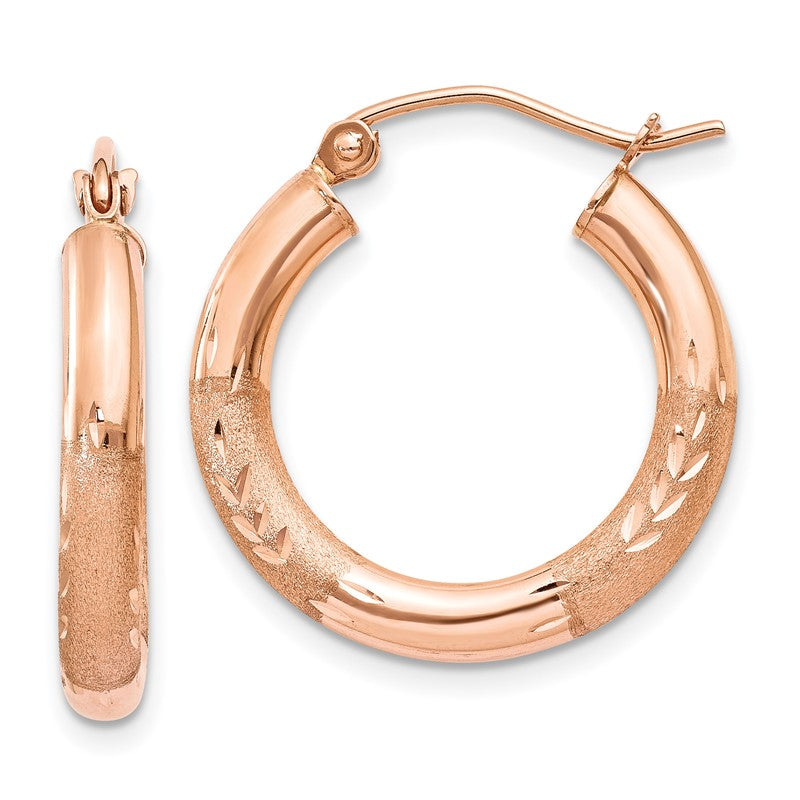 14k Rose Gold 3x18mm Satin Diamond-cut Round Tube Hoop Earrings T1016