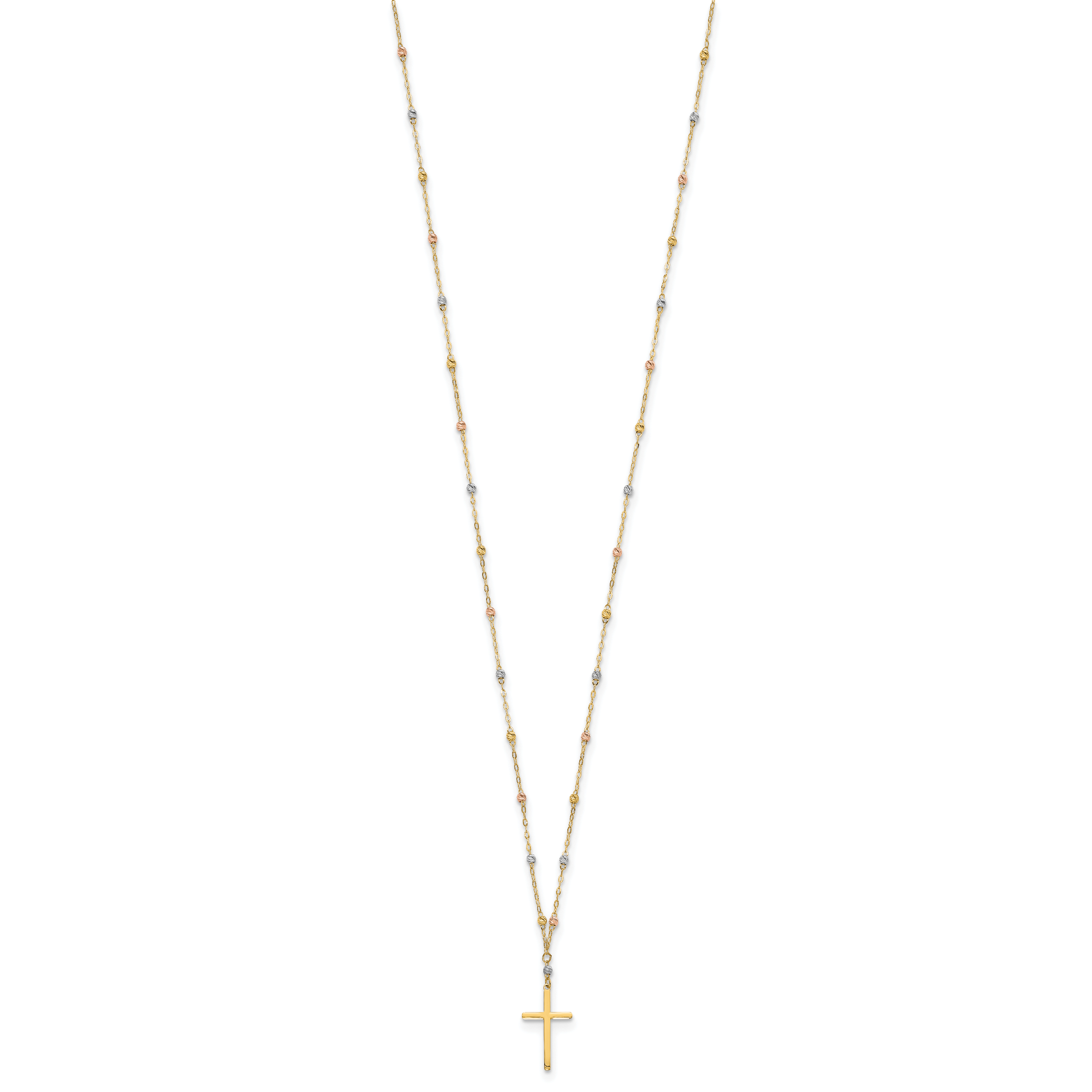 14k Tri-color Diamond-cut Beaded Chain with Polished Cross Pendant 17 inch Necklace SF2501