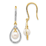 14k 6-7mm White Round Freshwater Cultured Pearl and .02 carat Diamond Shepherd Hook Dangle Earrings XE2507AA